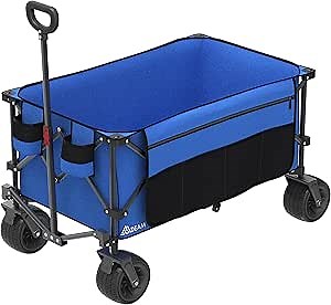 Mdeam 240L Collapsible Foldable Wagon, Heavy Duty Folding Utility Cart with Big All-Terrain Beach Wheels, Cup Holders, Side Pockets and Adjustable Handle for Camping, Garden, Sports, Shopping (Blue)