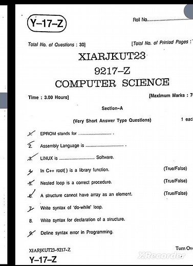 Class 11 Computer science 2023(Z) Paper JKBOSE