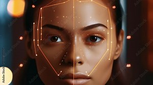 Biometric facial recognition software scanning a woman's face, creating a digital map of her features for identification purposes