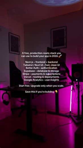 A free, production-ready stack you can use to build your app in 2026 🚀 • Next.js – frontend backend • Tailwind / Nuxt UI – fast, clean UI • Better Auth – authentication • Supabase – database & storage • Stripe – payments & subscriptions • Vercel – hosting & deployments • Google Analytics – user insights Start free. Upgrade only when you scale. Save this if you’re building 👇 #buildinpublic #techstack #nextjs #saas