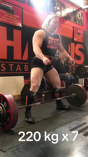 220 kg x 7 (if you count that last lift), from 2019, if I remember right. This was a show lift at a powerlifting competition. #deadlift #amrap #powerlifting #musclemommy #strongwoman
