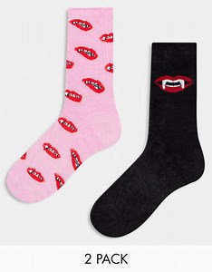 Threadbare halloween 2 pack fluffy fang socks in pink and red  | ASOS