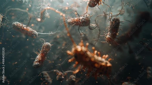 Moving rod microbe rotating closer after focus shift under microscope with filament and particles