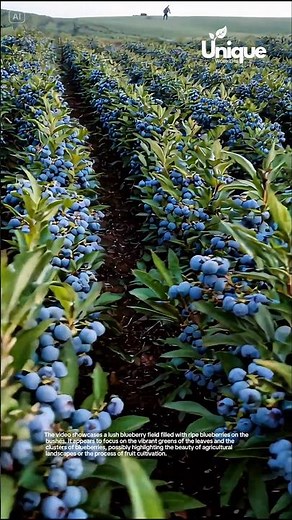 Lush blueberry field filled with ripe blueberries on the bushes