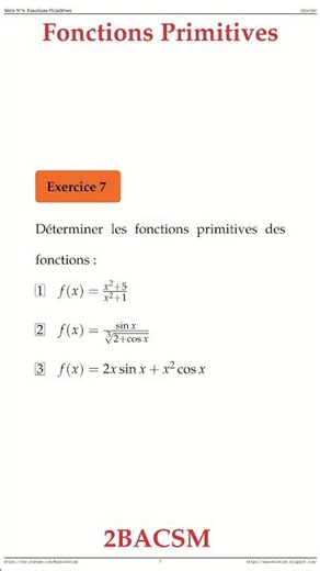 Exercice 7 Fonctions Primitives 2BACSM Maths space2study M2BSMS4v13 #maths