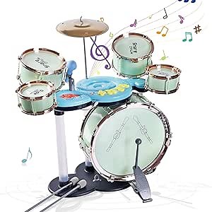 Soft Microphone Compatible with MP3 Music Player - Children's Educational Instrument Toy Set Rock Jazz Drum Set Percussion Instrument Music Enlightenment Education Toy (Green)