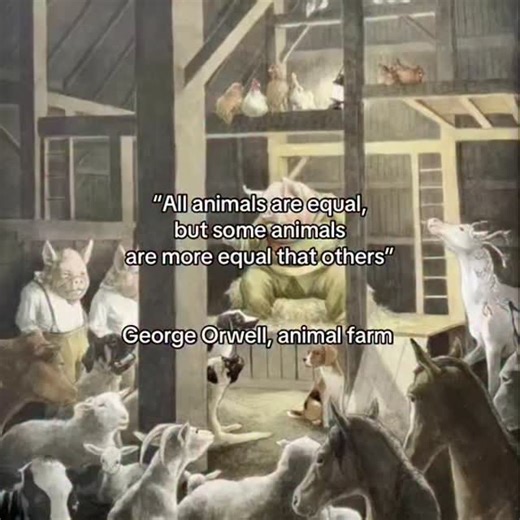 IOS on Instagram: "This line captures the sharpest irony in Animal Farm and sums up Orwell’s warning about power. The animals begin their revolution with the promise of equality, believing that once humans are gone, injustice will disappear. Equality becomes a symbol of hope, a simple rule that everyone trusts without questioning. But as authority concentrates in the hooves of a few, the meaning of equality is quietly rewritten. What makes the statement disturbing is not just its contradiction, 