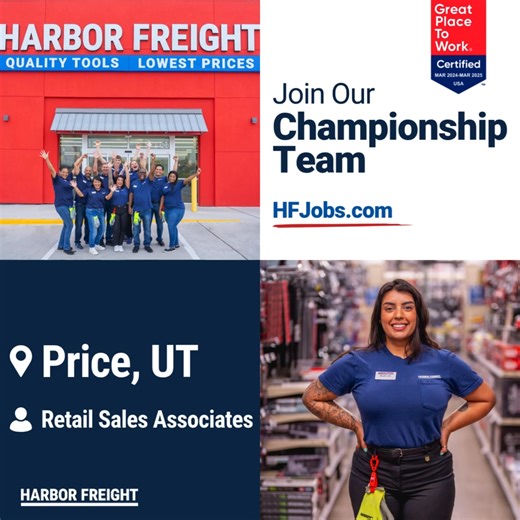 Our Harbor Freight store in Price, UT, is now hiring Part-Time Sales Associates. Enjoy flexible schedules, best-in-class benefits, advancement opportunities, a work/life balance, and more. Apply now at https://bit.ly/4jnhKRJ! | Careers at Harbor Freight Tools
