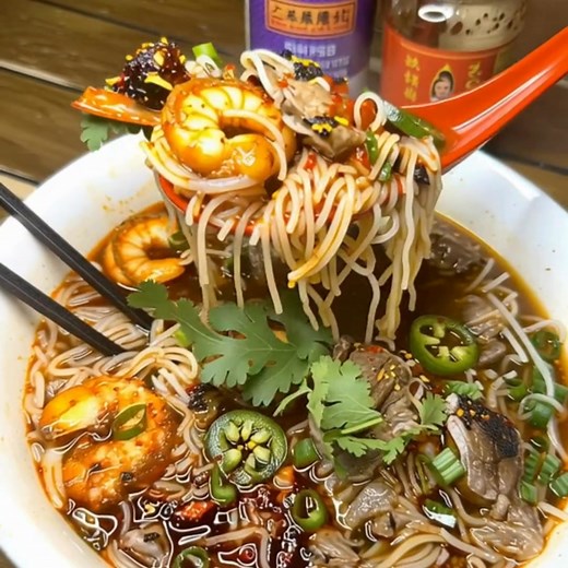 Spicy Pho Duoi Bo (Oxtail Pho) with Shrimp Ingredients: 1 pound oxtail 1 pound shrimp, peeled and deveined 8 cups beef broth 1 onion, quartered 2-inch piece of ginger, sliced 3 star anise 1 cinnamon stick 3 cloves 2 tablespoons fish sauce 1 tablespoon sugar 1 tablespoon chili paste (adjust to taste) 1 package rice noodles Fresh herbs (basil, cilantro, mint) for garnish Lime wedges for serving Directions: Prepare the Broth: 1.1. In a large pot, add the oxtail and cover it with water. Bring to a b