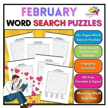 February Word Search Puzzle Morning work Activities 3rd,4th,5th,6th,7th,8th,9th