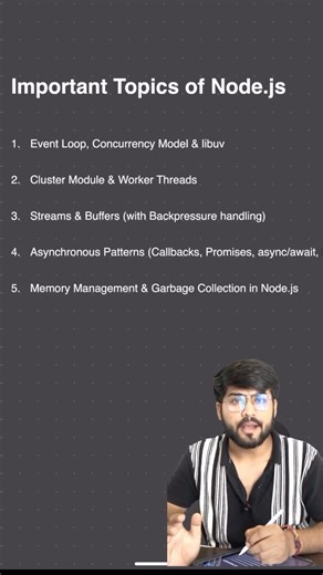Rajan Walia on Instagram: "Important topics of Node.js 1. Event Loop, Concurrency Model & libuv 2. Cluster Module & Worker Threads 3. Streams & Buffers (with Backpressure handling) 4. Asynchronous Patterns (Callbacks, Promises, async/await, Microtasks vs Macrotasks) 5. Memory Management & Garbage Collection in Node.js #backend #coding #engineering #software #viralreels #programming"