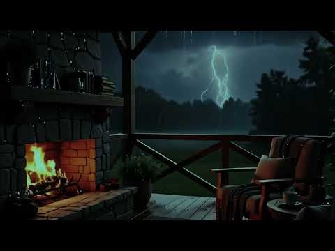 Cozy Porch Thunderstorm 🌩️ | Fireplace Ambience, Heavy Rain & Lightning | Relaxing Night Sounds