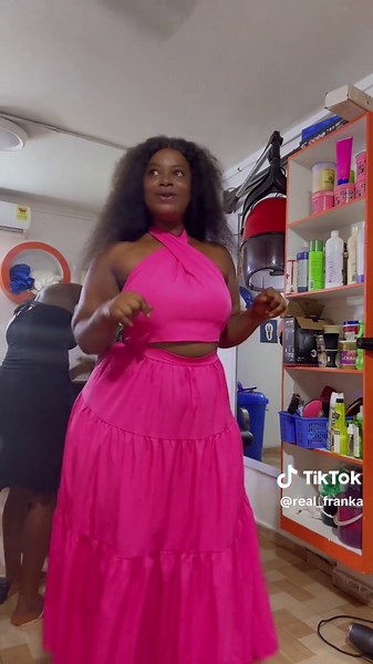 Stylish Hair Salon Dance in a Pink Ruffled Dress