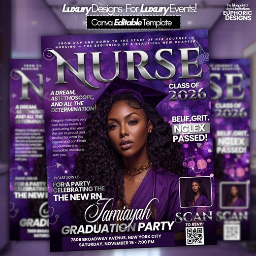 RN Graduation Party Invitation, Editable Nurse Magazine-style Invite, Silver & Purple Grad Celebration, DIY Digital Invite - Etsy