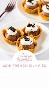 Mini Pies: French Silk 🍫 printable recipe in my links! I’m such a fan of these mini pies, and I love hearing everyone’s flavor ideas. This one was prob the most requested! 1 pkg mini pie crusts 2/3 c granulated sugar 2 eggs, room temp 3 oz unsweetened chocolate, melted and cooled 1 tsp vanilla Pinch of kosher salt 1/3 c unsalted butter, room temp 1 (8oz) container of whipped topping EXTRA whipped topping or homemade whipped cream Dark chocolate, chopped into small pieces Prepare the mini pie cr