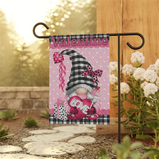 Valentine Garden Flag, Knitted Gnome Yard Sign, Pink Plaid Outdoor Decor, Cute Valentine's Day Porch Banner - Etsy