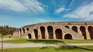 Amphitheatre of Pompeii, one of the oldest surviving Roman amphitheatres, Pompeii, Naples, Campania, Italy, an ancient city buried by Mount Vesuvius in 79 AD