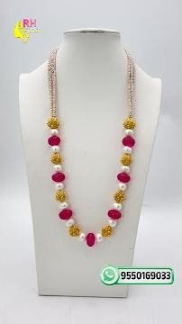 Pink Pumpkin Gemstone Customized Necklace with Pearls & Nakshi Balls | Handmade Jewellery