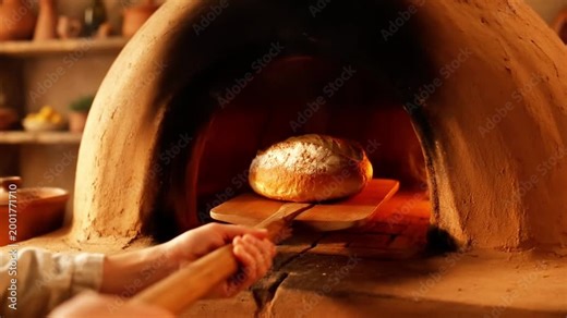 Baker placing freshly baked bread into a traditional stone oven in a rustic bakery setting