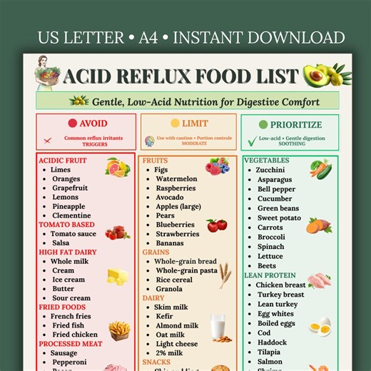 Acid Reflux Food List Printable | GERD Diet Chart PDF | Low Acid Foods Guide | Heartburn Meal Plan | Grocery List - Etsy