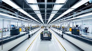 Modern factory interior with automated production lines, featuring a central robot cart and yellow safety lines.