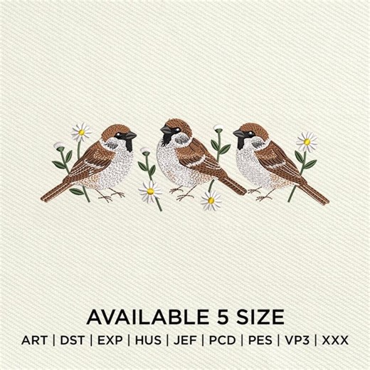 Sparrow Bird Embroidery Design, Cute Brown Birds With Daisies, Nature Wildlife Embroidery, Rustic Garden Decor, Digital Download - Etsy