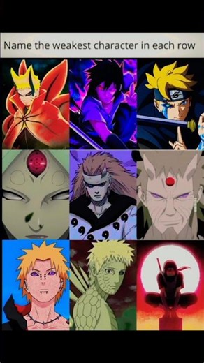 NAME THE WEAKEST CHARACTER IN EACH ROW ? | POWER SCALING COMPARISON | ANIVERSE | #naruto #animeedit