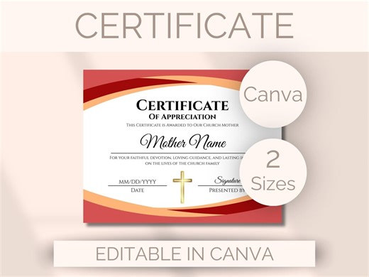 EDITABLE Church Mother Certificate of Appreciation Template Church Mother Appreciation Certificate Printable Church Mother Recognition Award - Etsy