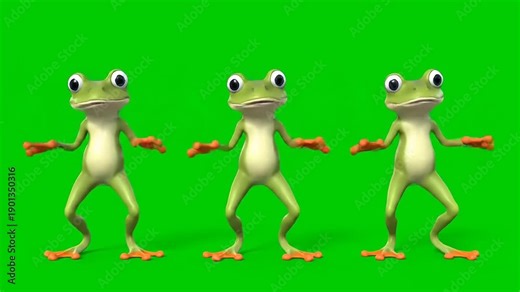 Three animated frogs dancing on a green screen background, perfect for digital content creation and video editing projects