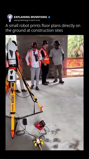 Explaining Inventions on Instagram: "Meet the small but smart robot built to change how buildings are made. Instead of workers manually marking layouts with chalk and tape, this robot prints floor plans directly onto the ground at the construction site. By automating the layout process, it reduces human error, saves hours of labor, and ensures that every wall, doorway, and corner is positioned exactly where it should be. This kind of technology blends precision engineering with automation to mak