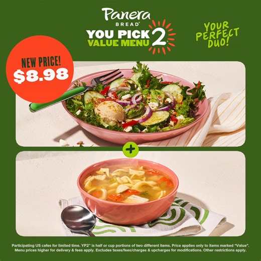 Get two faves for just $8.98! Panera's NEW You Pick 2® Value Menu has 10 craveworthy options and one low price. | Panera Bread