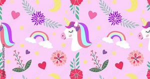 Cute unicorn, princess concept, girl beauty seamless pattern isolated on pink background. Vector cartoon design. Magic unicorn, heart, rainbow, stars, flowers, Pop style. 4K animation