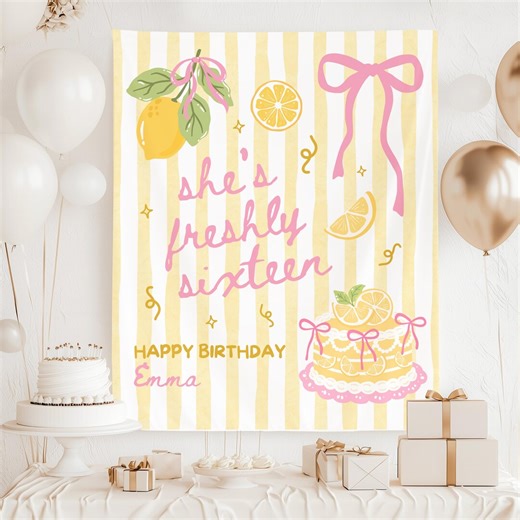 Custom Lemon Birthday Banner, Lemon Themed Sweet 16 Birthday Sign, Personalized Freshly Sixteen Bday Photo Backdrop Tapestry - Etsy