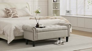 SOFTHION Storage Bench, 50" Queen End of Bed Bench, Linen Tufted Button Upholstered Bedroom Bench, Storage Ottoman with Rolled Arms, Window Bench with Storage, for Living Room, Entryway Light Brown