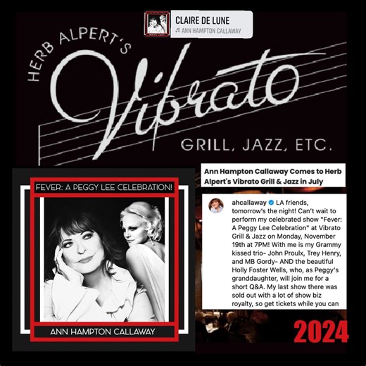 1.5K views · 33 reactions | 2024 Celebrated singer-songwriter and American songbook icon Ann Hampton Callaway performs at LA’s premier jazz restaurant Herb Alpert's Vibrato Grill Jazz | Miss Peggy Lee | Facebook