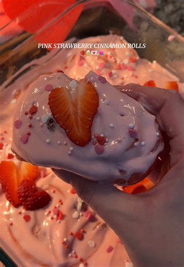 Pink strawberry cinnamon rolls 🍓💗 Soft, fluffy, strawberry-kissed perfection 💘 Pink dough: 1 cup warm milk 2¼ teaspoons (1 packet) active dry yeast ¼ cup granulated sugar 6 tablespoons unsalted butter (melted) 2 large eggs (room temperature) 4 cups all-purpose flour 1 teaspoon salt Pink food coloring 1/3 cup heavy cream (pour over rolls) Strawberry Filling: 1¾ cups fresh strawberries (finely chopped) 4 tablespoons unsalted butter (softened) ⅔ cup brown sugar 2 teaspoons ground cinnamon 1 tabl