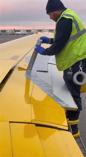 Video Sparks Questions After Worker Appears to Repair Plane Wing With Tape A short video circulating online has sparked widespread discussion after showing an airport ground worker seemingly applying what looks like duct tape to the wing of a commercial aircraft. The footage shows the worker smoothing strips of silver tape along a small section near the wing’s edge as passengers watched from the terminal. Aviation experts say the material is likely specialized aircraft maintenance tape, not hous