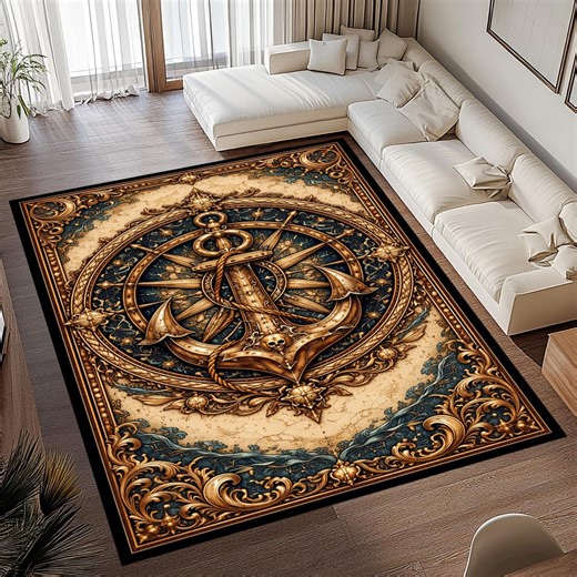 Nautical Anchor Rug: Compass Wheel Carpet, Retro Marine Pattern, Sailor Ship Decor Design - Etsy