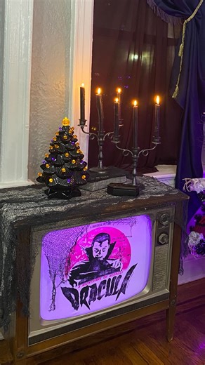 Dracula TV! We used a tee shirt and an old vintage tv we found on the side of the road and made a glowing retro Halloween TV 24/7 📺 🧛‍♂️ #throwback #halloweendiy #halloweencraft #halloweenidea #dracula #overthetophalloween #beforeandafter #vintagetv #vintagehalloween #retrohalloween #led #drac #80s #80svibe | Crafty Lumberjacks