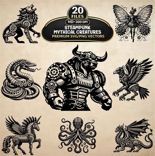 Steampunk Mythical SVG PNG Bundle, 20 Mechanical Monster Clipart (Digital Download)