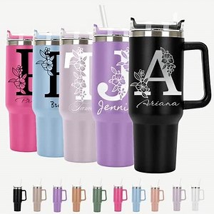 Floral Initial Split Monogram Personalized Tumbler 40 oz Laser Engraved, Insulated Cup with Handle, Lid and Straw, Gifts for Women, Personalized Valentines Day Birthday Gifts for Her