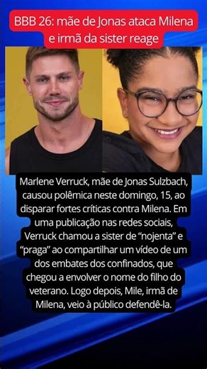 BBB 26: mãe de Jonas ataca Milena e irmã da sister reage #noticiafamosos #noticias #ultimasnoticia