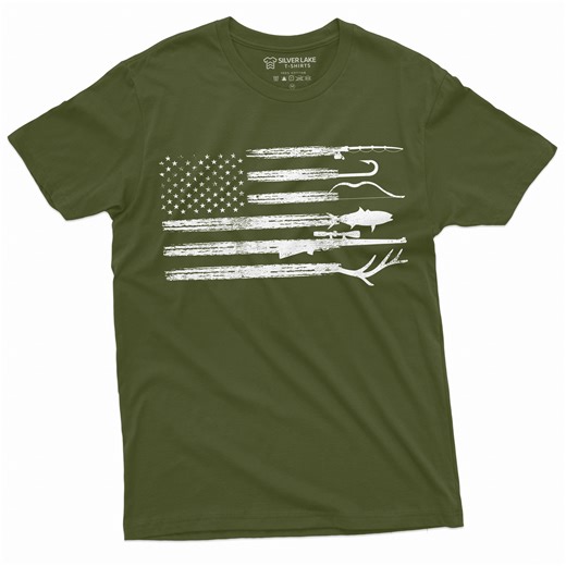 Men'S Hunting Fishing Shirt Usa Flag Nature Camo Shirt Father Gift Ideas Patriotic Tee (XX-Large Military Green)
