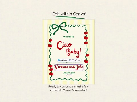 Ciao Baby Shower Welcome Sign Poster, Tomato Italian Stripes Theme Party Decor, Printable Canva Template - Etsy