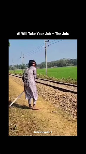 LearnSnap on Instagram: "This meme contrasts AI job displacement fears with a viral clip of a barefoot man in rural South Asia sprinting beside a moving train to playfully whack dangling passengers using a flexible bamboo stick, highlighting an absurd, physically demanding role robots can't yet mimic. The video, set amid lush fields and a green locomotive, appears to show an informal train attendant enforcing safety or rousing sleepers through light-hearted prods—a niche cultural practice unders