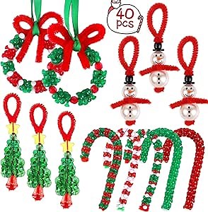 DIYASY 40 Sets Christmas Beads Crafts for Kids, Beaded Ornament Kits Tri Bead Bulk Arts Making Kit for Holiday Tree DIY Hanging Ornaments Party Supplies Adults Kids Ages 4-8 8-12