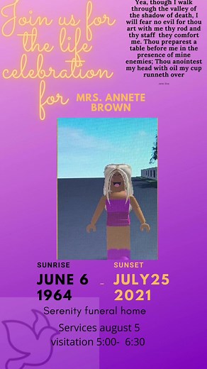 Game name is serenity funeral home mrs annete viewing will be August 3 and funeral 5 #funeralroblox #fypシ゚viral #funeralhomeroblox #viralvideos #sad