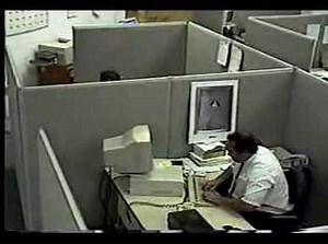 Office worker hits and kicks computer