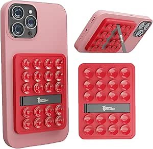 Silicone Suction Phone Case with Kickstand Adhesive Mount, Glass Gym Mirror Back of Phone Sticky Grip Suction Holder, Compatible with iPhone and Android (Red)