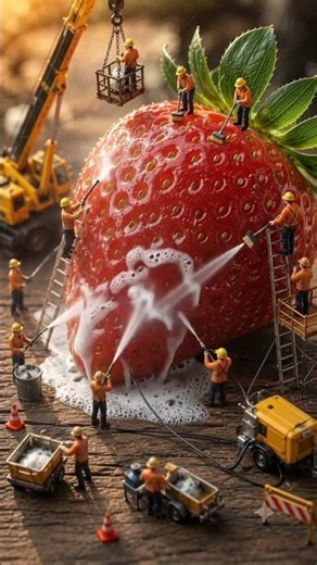 Tiny Workers Clean a Giant Strawberry 🍓🤯 | AI Miniature World #shorts